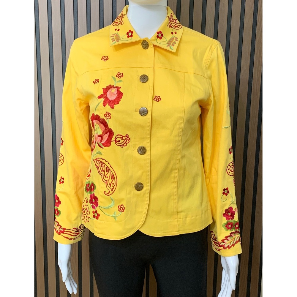 Coldwater Creek Yellow Embroidered Floral Paisley Button Front Jacket PXS